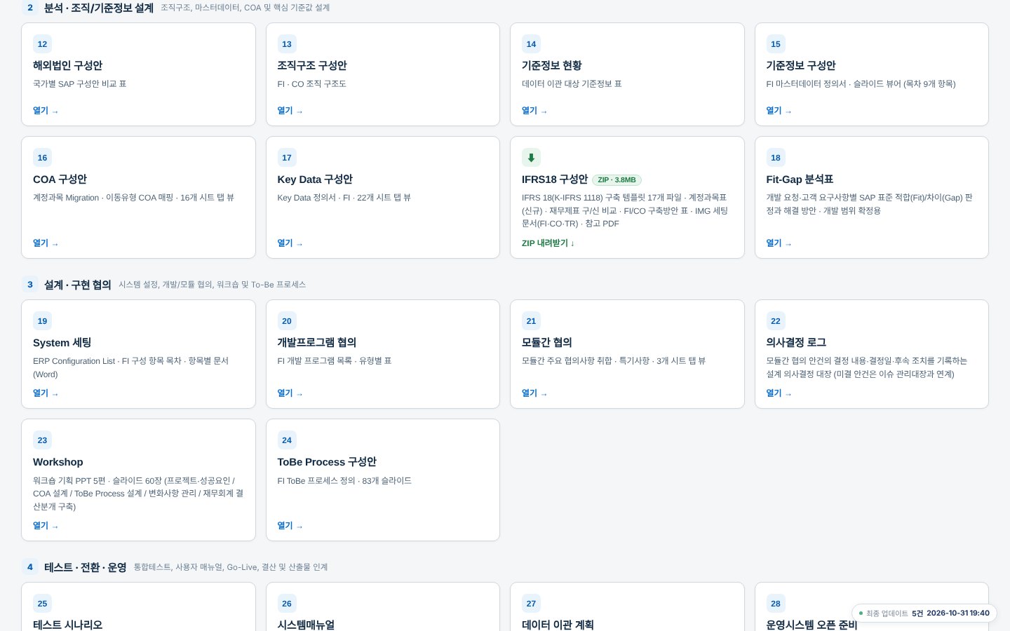 2단계 분석 · 조직/기준정보 설계와 3단계 설계 · 구현 협의 — IFRS18 구성안 카드 포함
