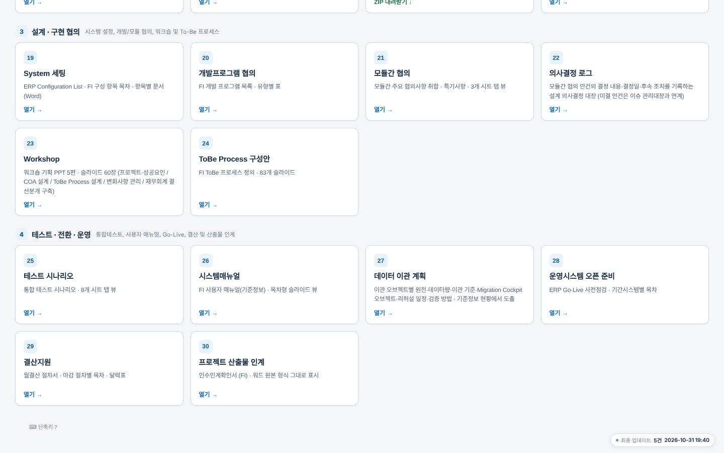 4단계 테스트 · 전환 · 운영 — 테스트 시나리오 · 시스템매뉴얼 · 데이터 이관 계획 · 운영시스템 오픈 준비 · 결산지원 · 산출물 인계