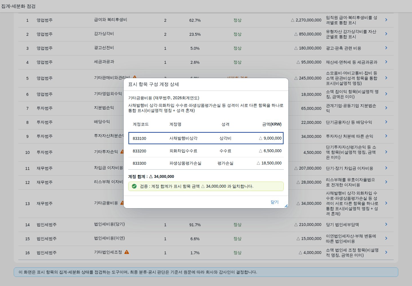 표시 항목 구성 계정 상세 다이얼로그