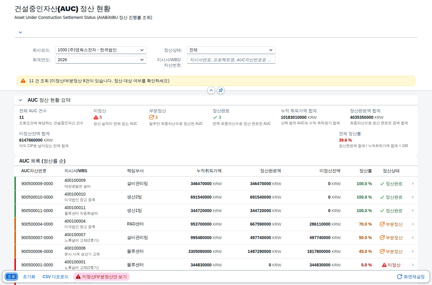 취득가액과 정산 진행률