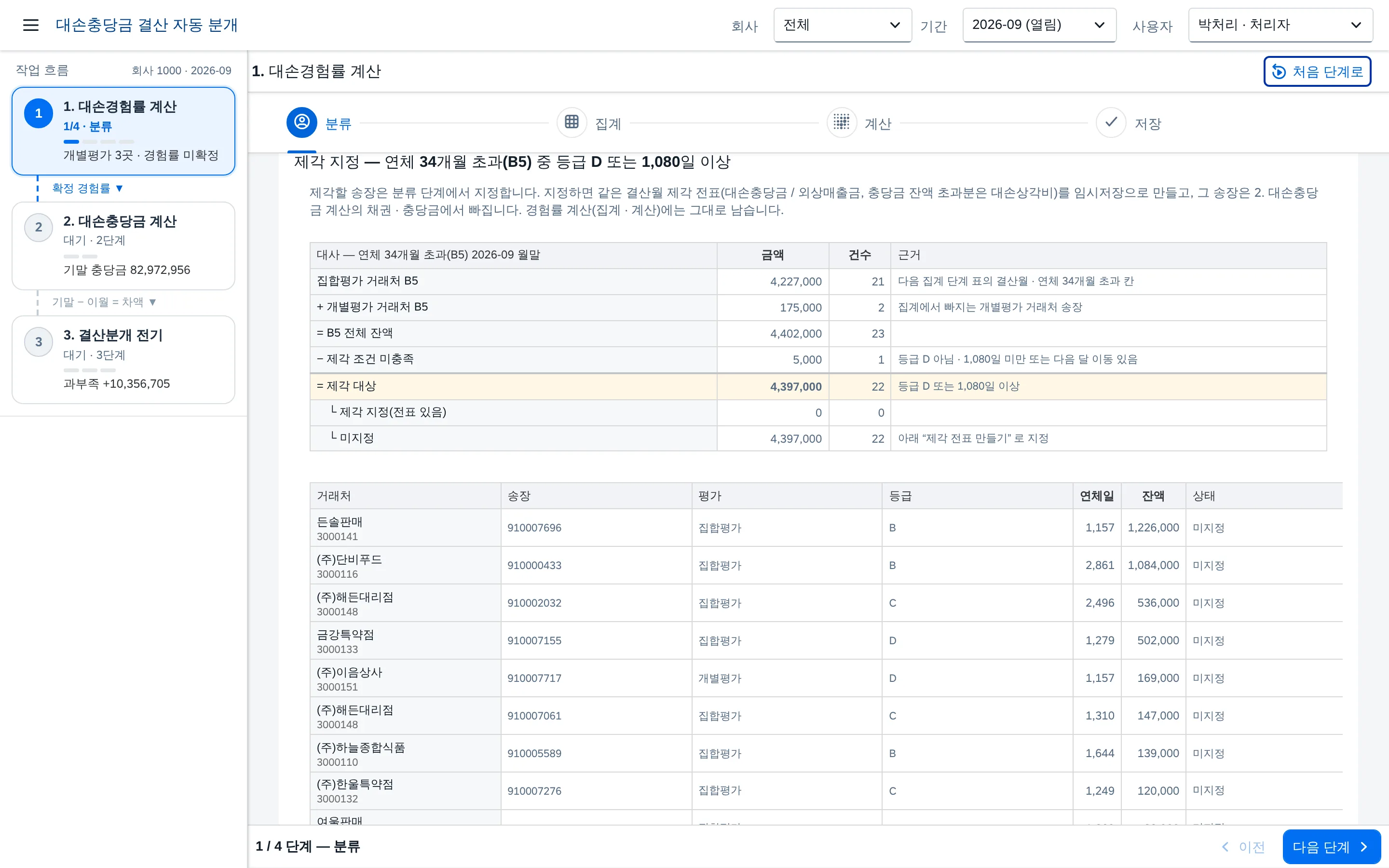 ① 분류 — 대손 제각 지정