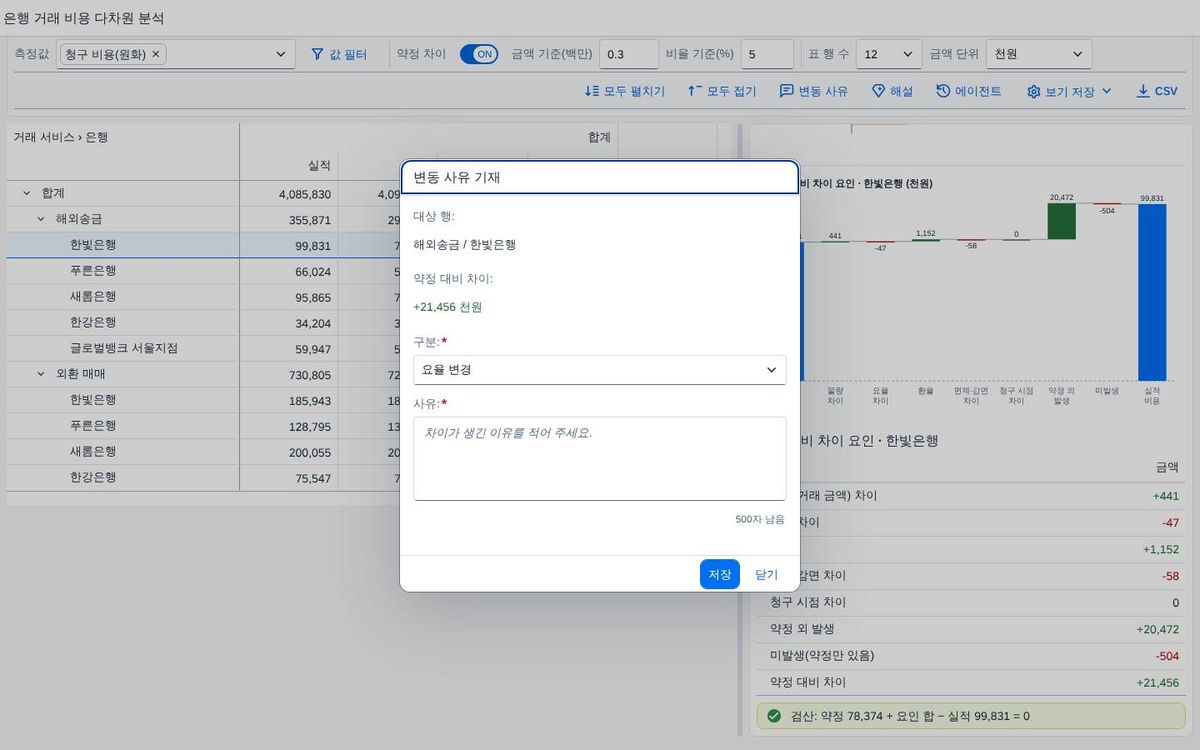 변동 사유 입력 창