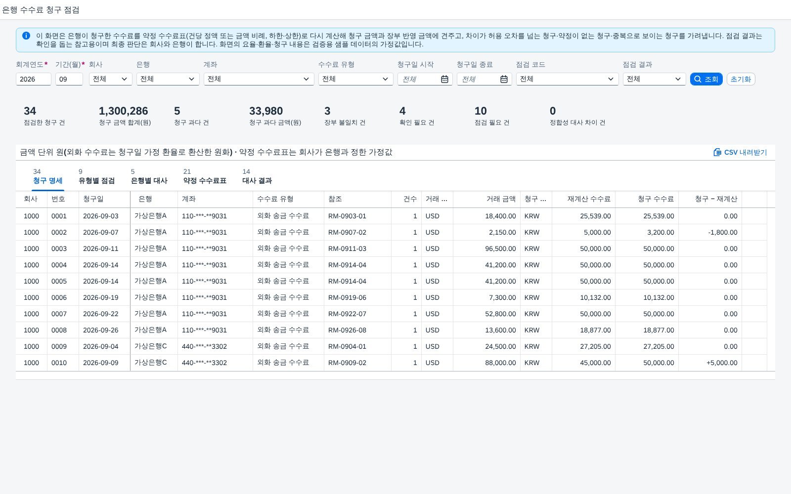 처음 열었을 때 — 이번 달 수수료 청구가 건마다 표로 처음 열었을 때 — 이번 달 수수료 청구가 건마다 표로