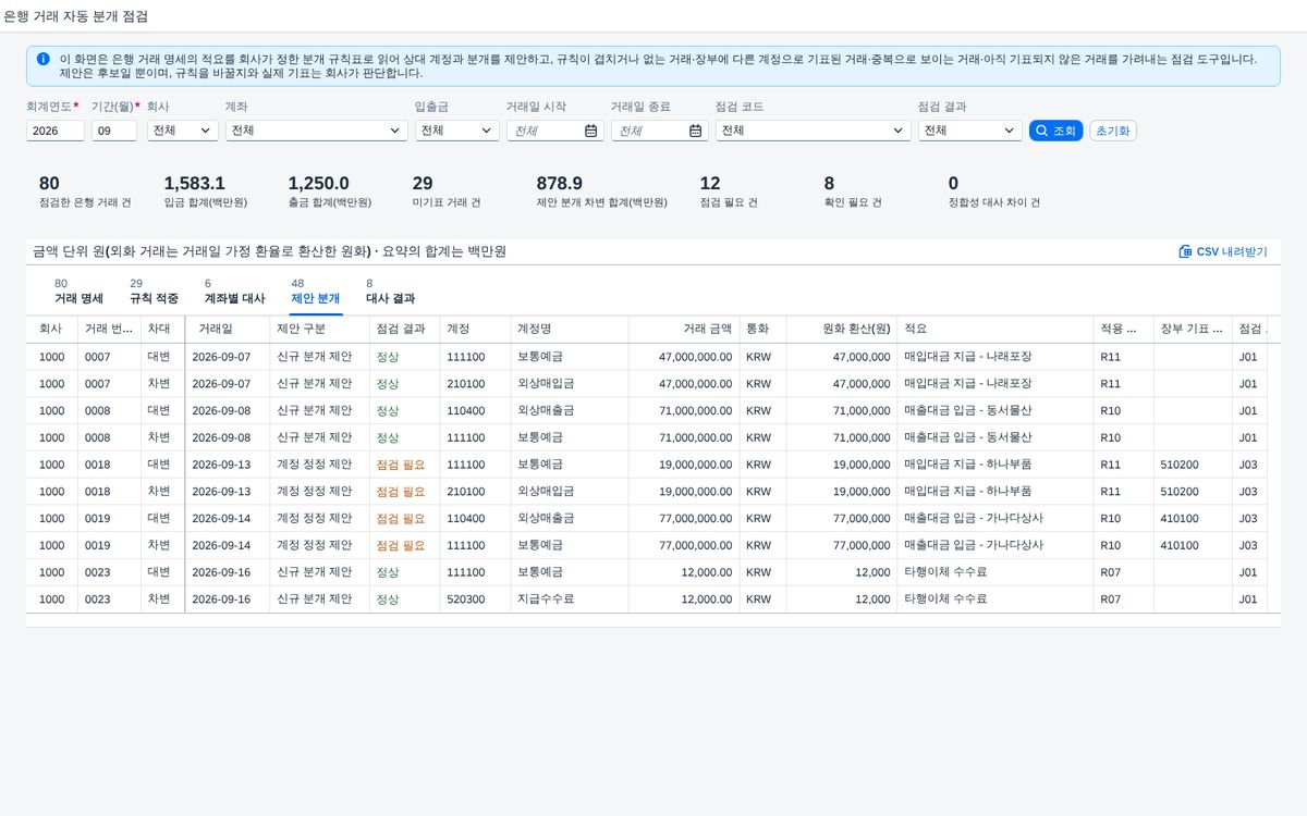 제안 분개 탭 — 미기표와 정정 제안 제안 분개 탭 — 미기표와 정정 제안