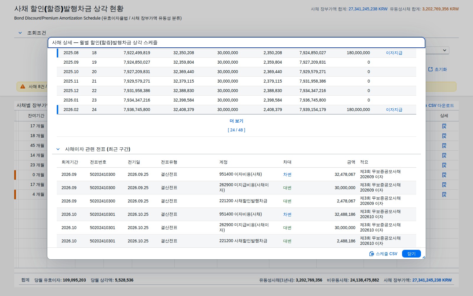 상세 다이얼로그 — 상각 스케줄 하단과 관련 전표