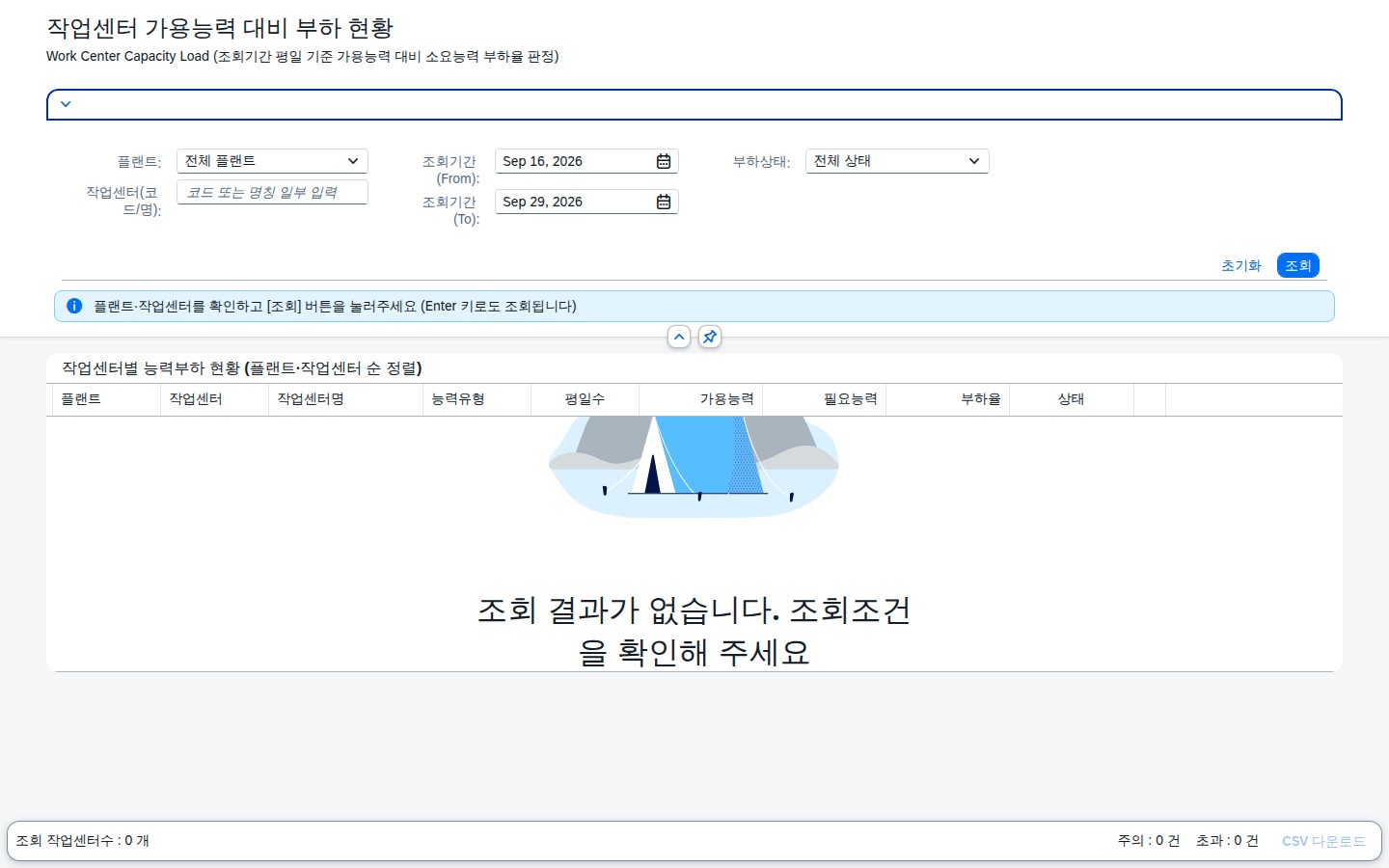 작업센터 가용능력 대비 부하 현황 초기 화면
