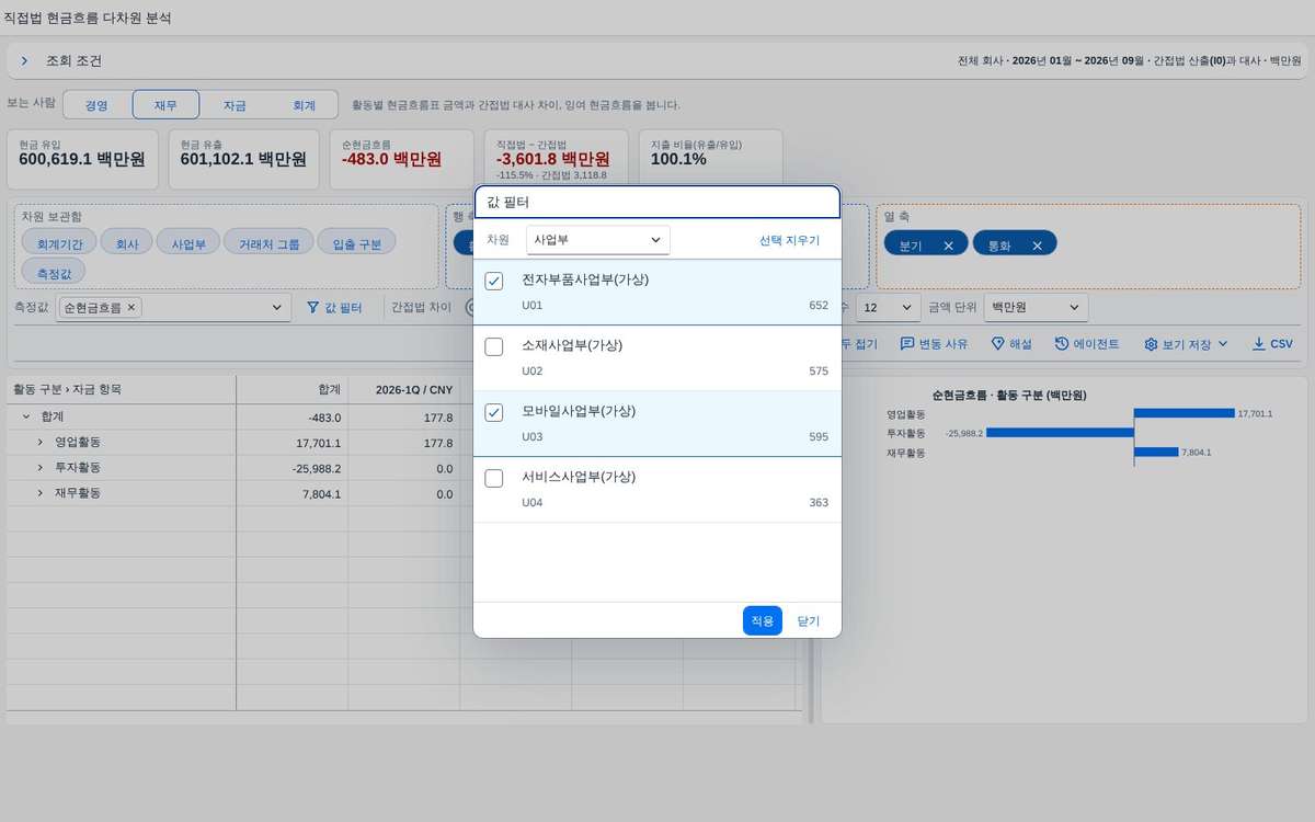 값 필터 — 차원별 다중 선택 창