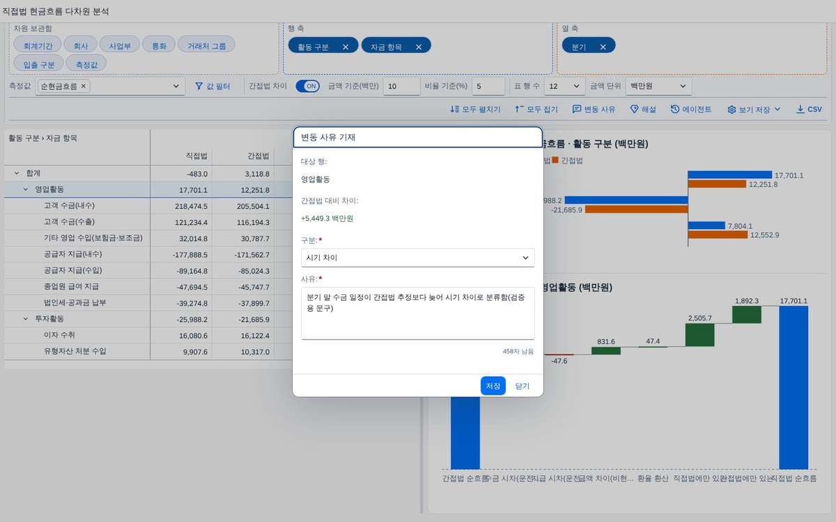 변동 사유 입력 창