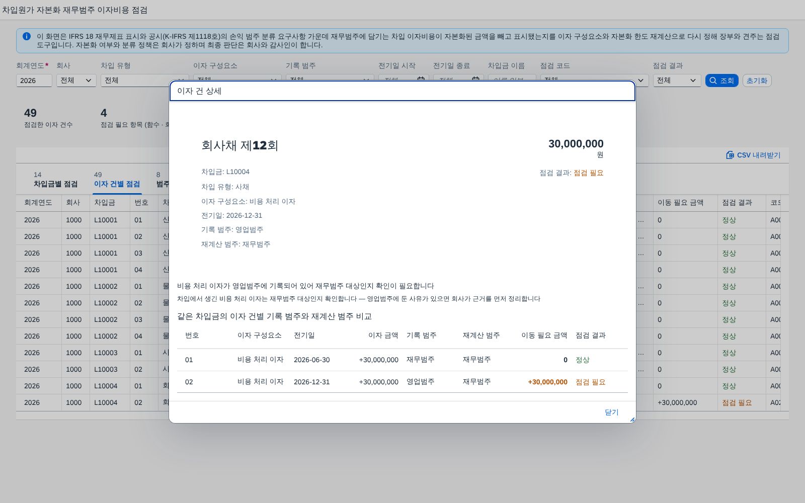 행을 눌러 본 상세 — 점검 근거와 같은 차입금의 이자 건