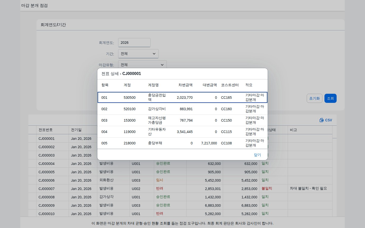 전표 상세 팝업 — 항목별 차변·대변 금액