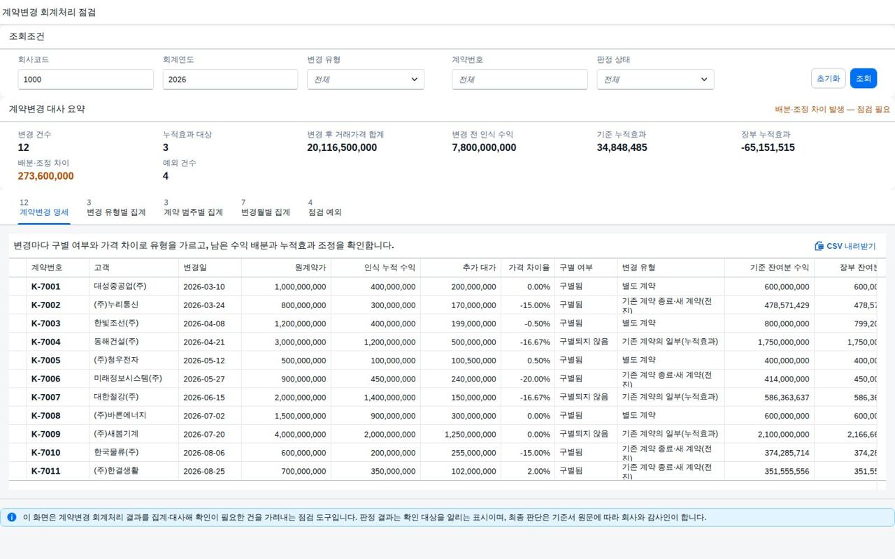 계약변경 명세 화면 — 조회조건과 계약변경 대사 요약
