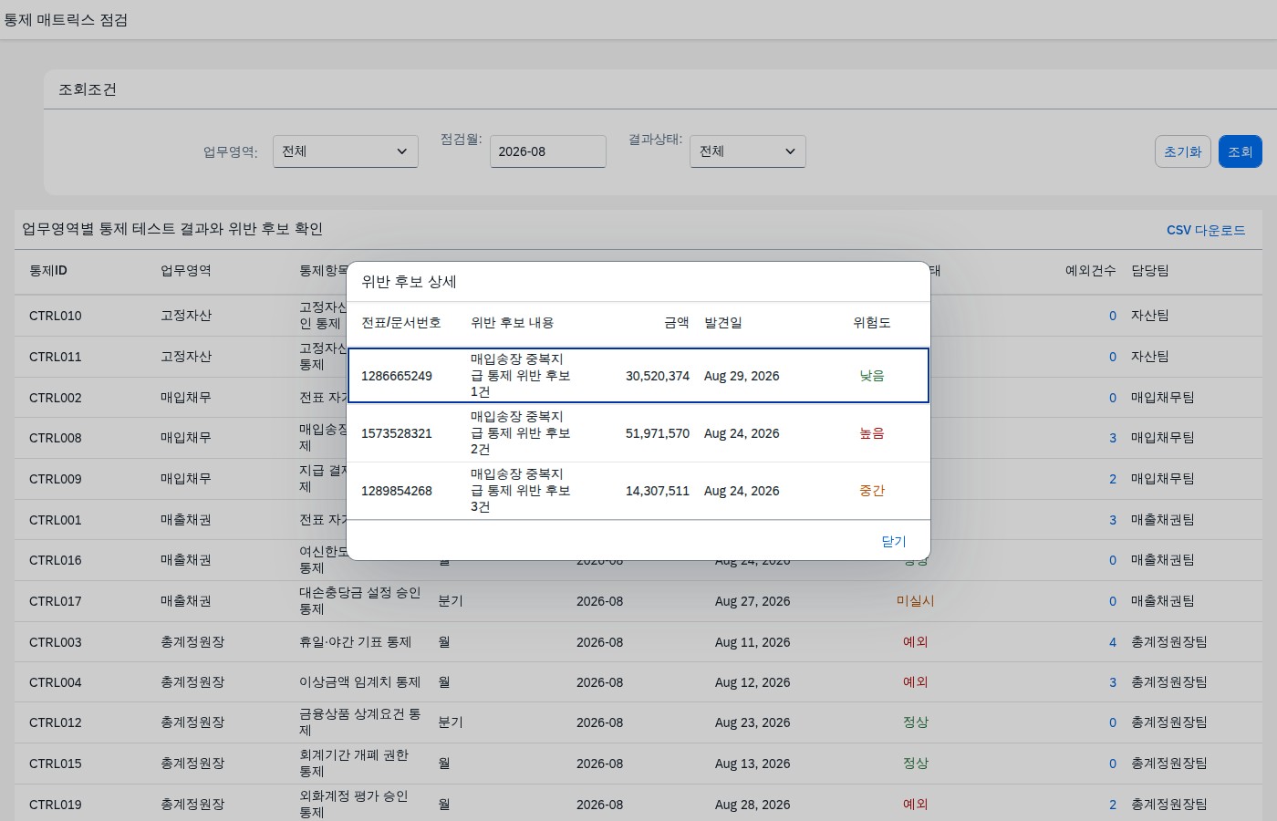 예외건수 클릭 시 뜨는 위반 후보 상세 다이얼로그