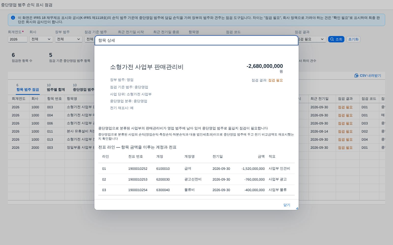 항목 상세 — 점검 기준 근거와 전표 라인