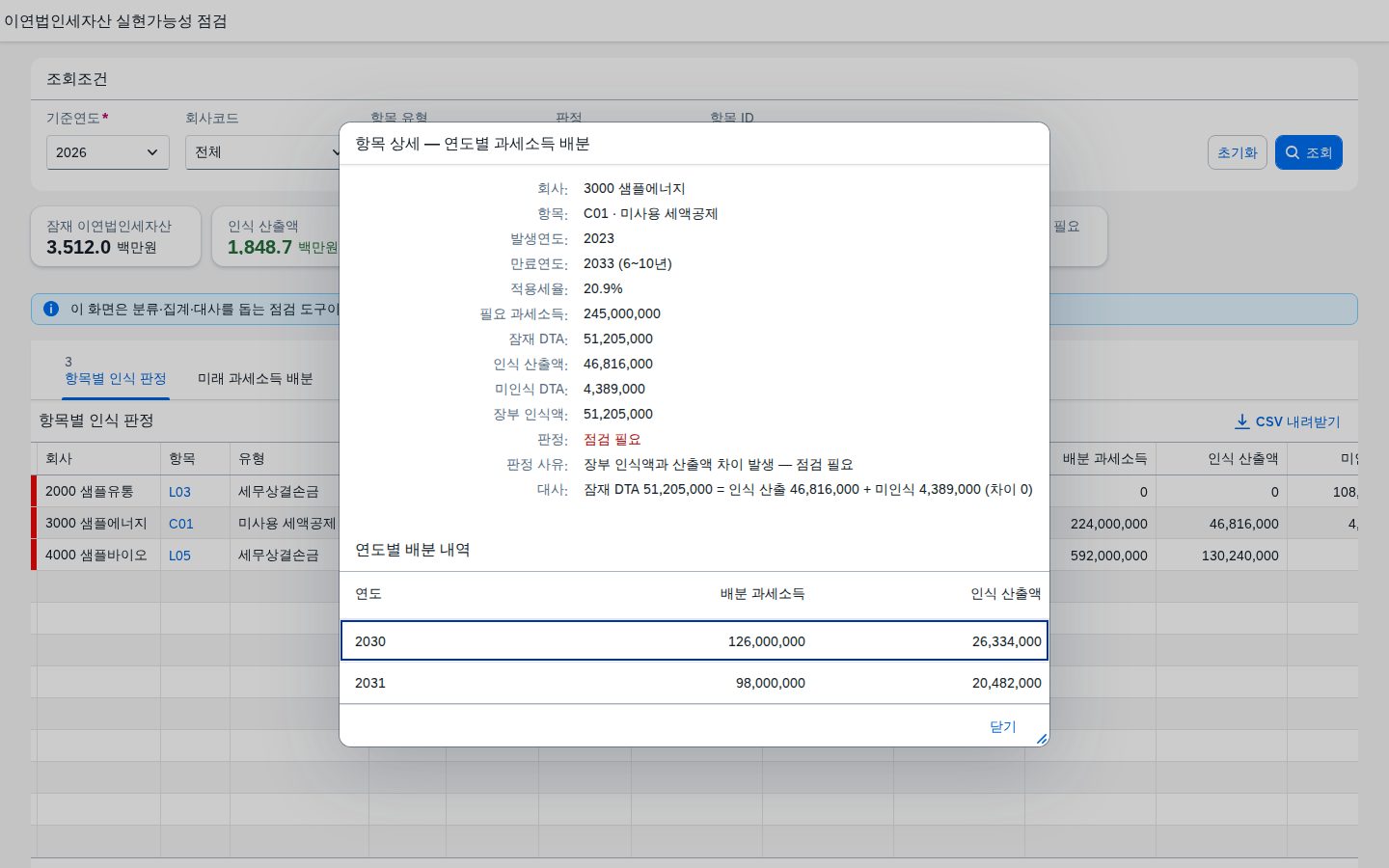 항목 행 클릭 시 열리는 연도별 과세소득 배분 상세 다이얼로그