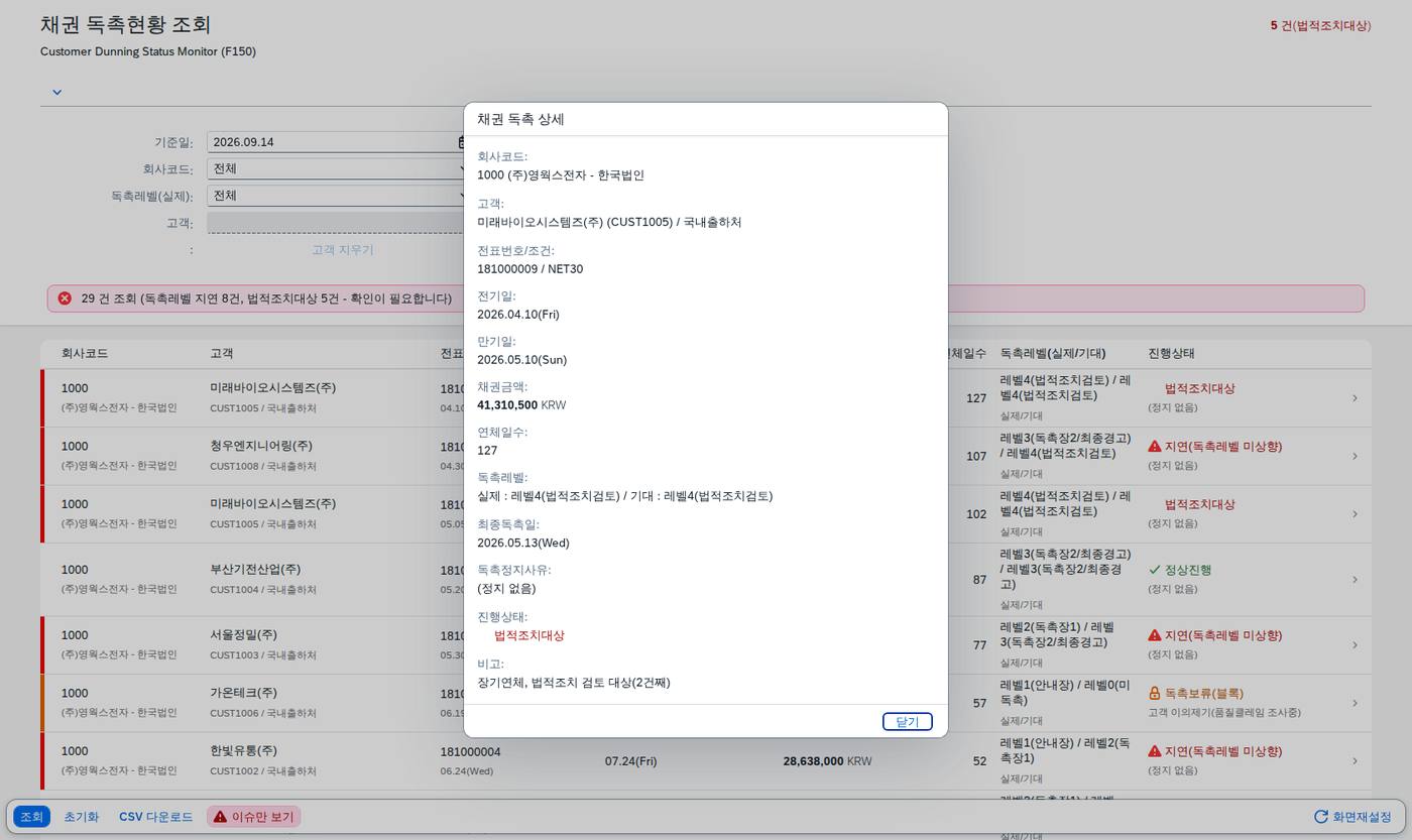 상세 다이얼로그 — 독촉 이력과 차단 사유