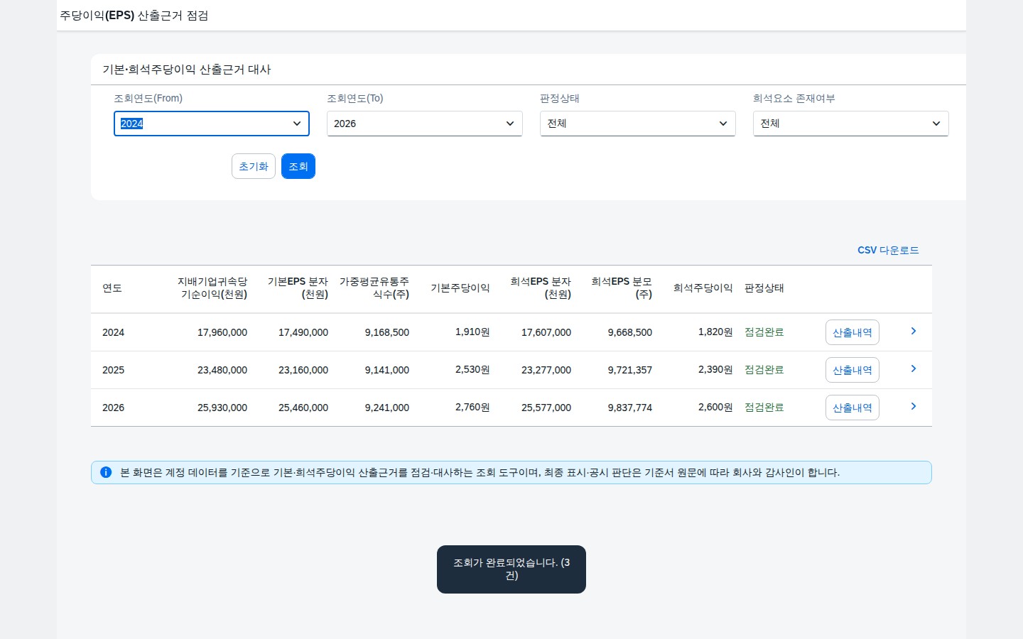 조회연도 필터를 좁혀 Enter 키로 재조회한 화면