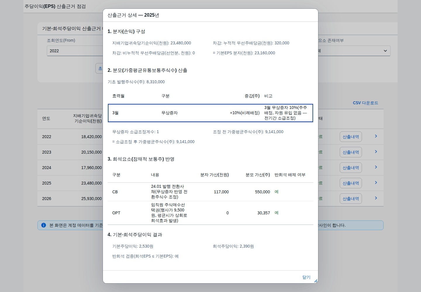 연도별 산출근거 상세 다이얼로그 — 무상증자 소급조정과 희석요소 반영 내역
