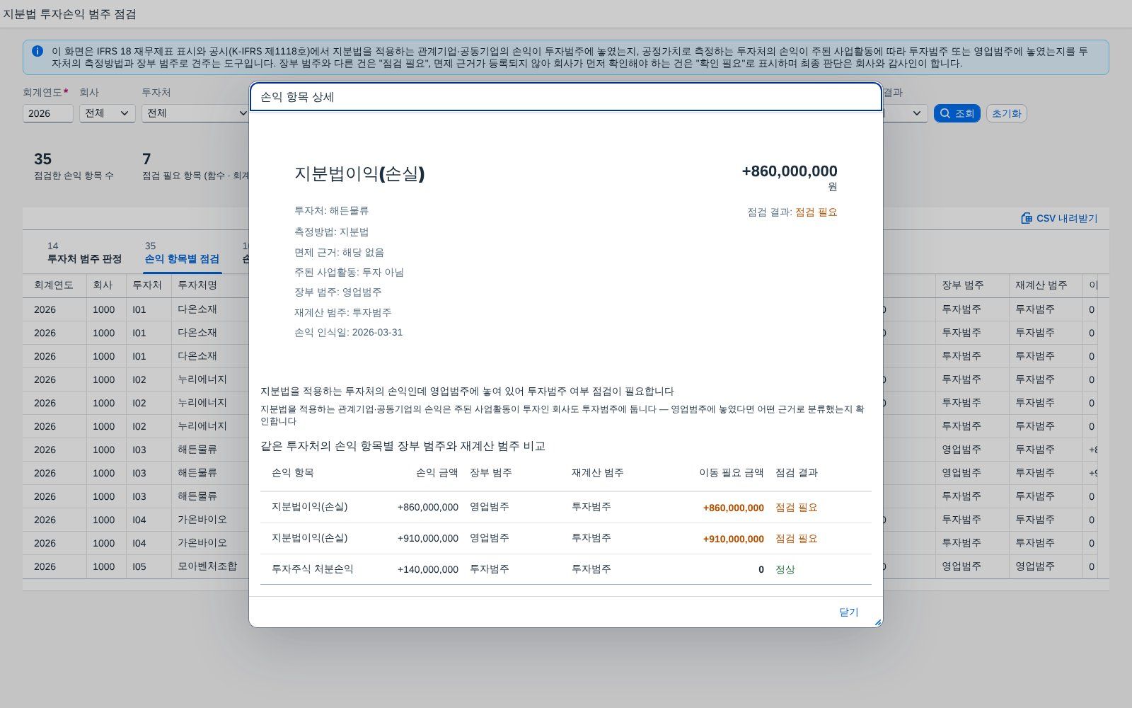 손익 항목 상세 팝업