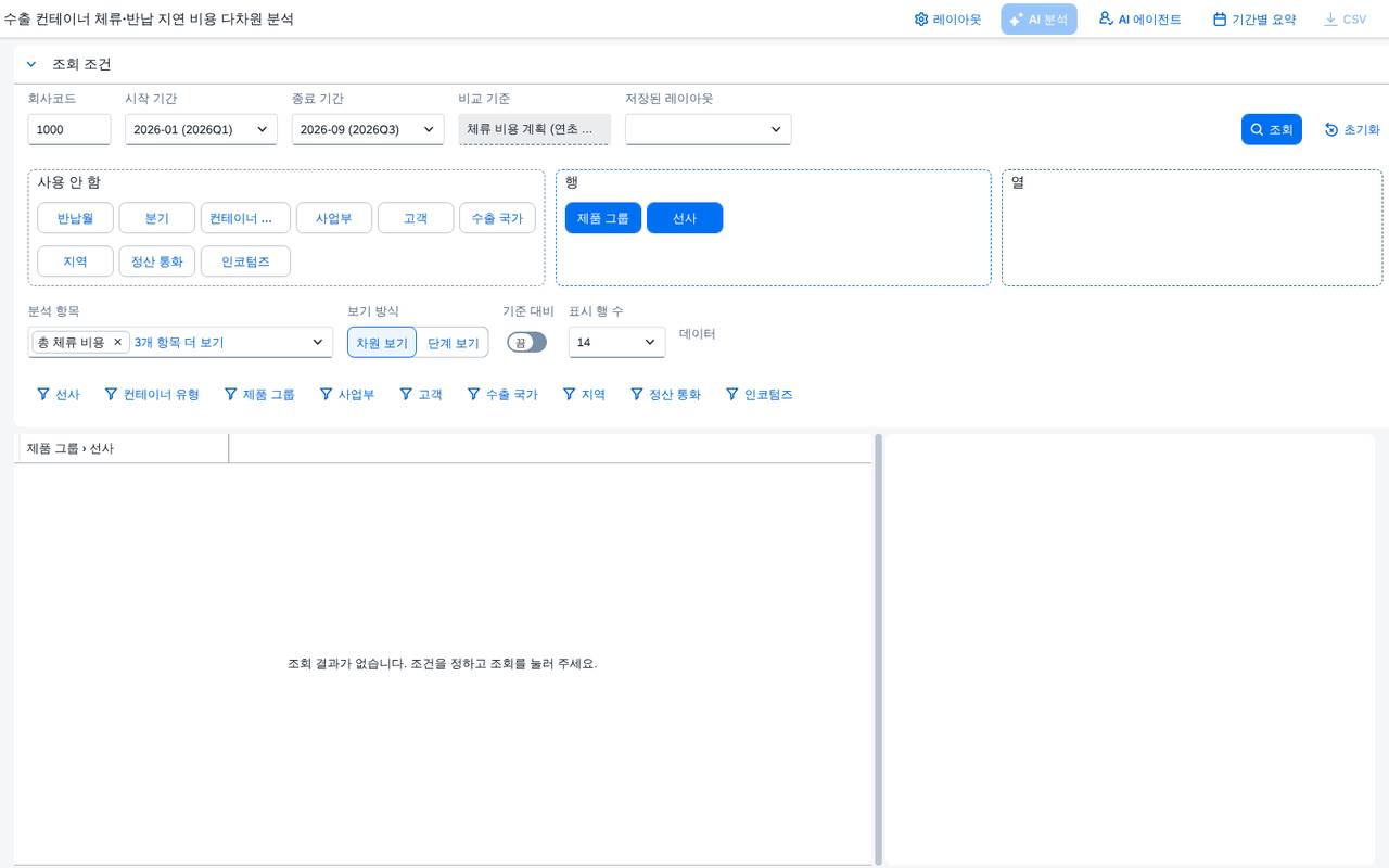 수출 컨테이너 체류·반납 지연 비용 다차원 분석 — 선사·고객·월로 돌려 보고 계획 대비 차이를 요인으로 가르는 수출 물류비 리포트 화면