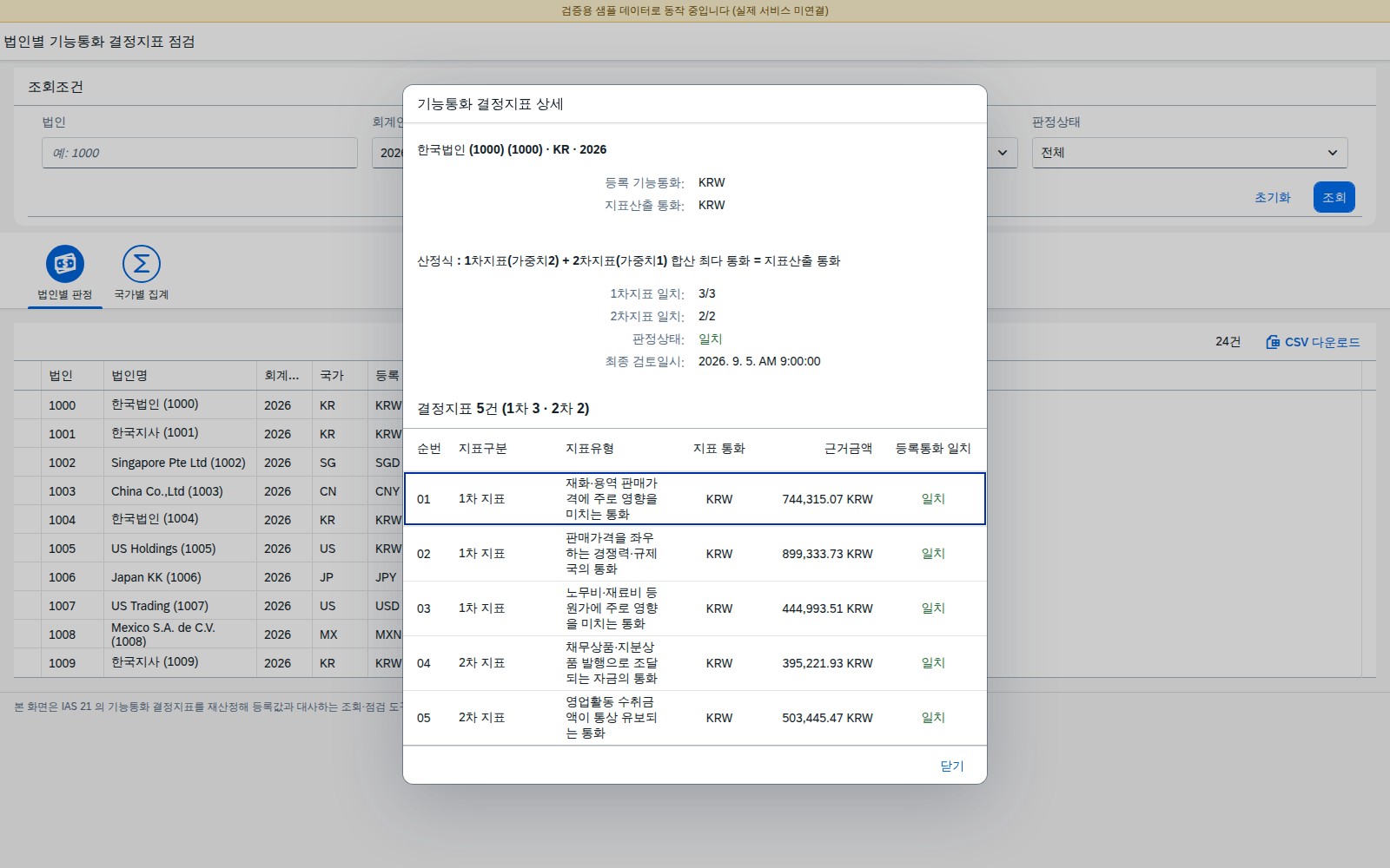 기능통화 결정지표 상세 다이얼로그