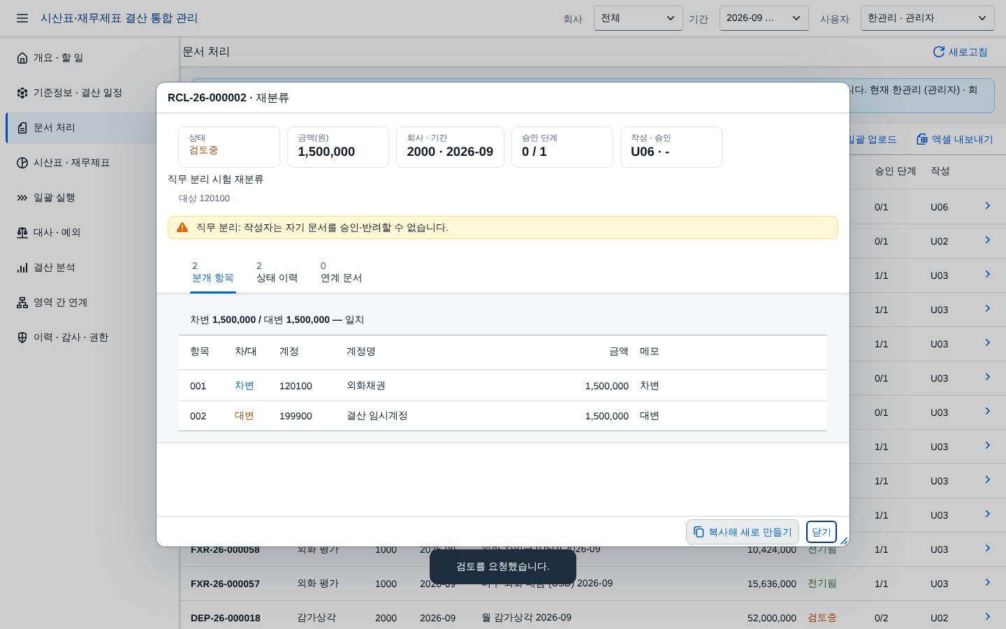 직무 분리 — 작성자의 승인 시도 거절