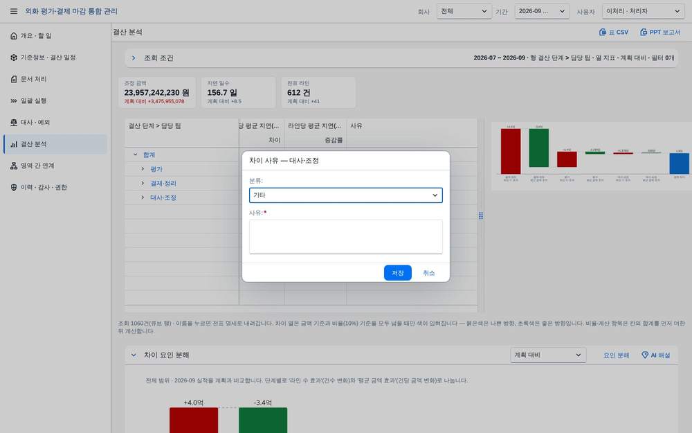 분석 — 차이 사유 입력 분석 — 차이 사유 입력