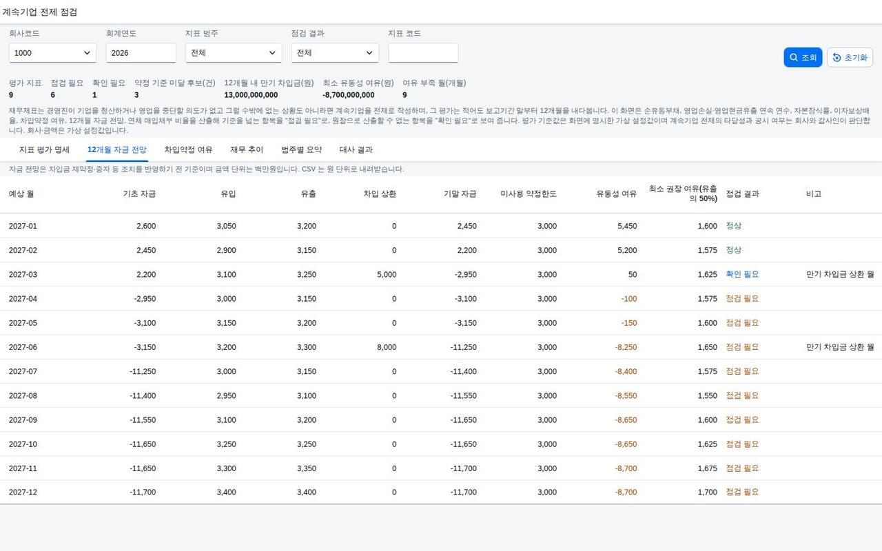 12개월 자금 전망 탭