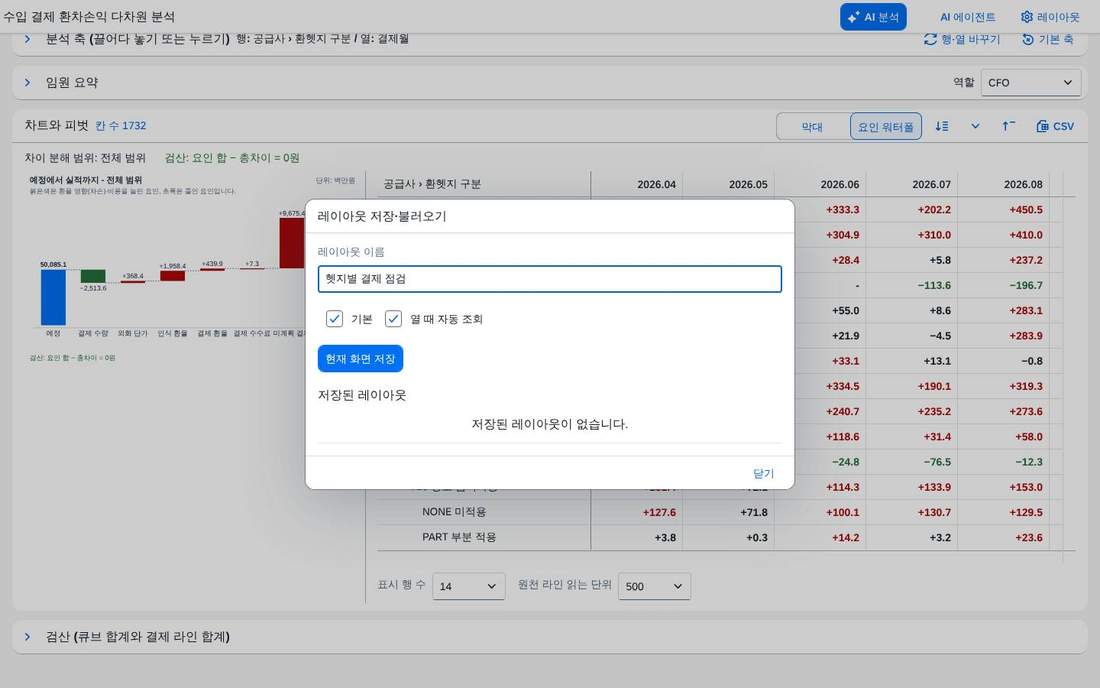 레이아웃 저장 — 이름과 기본 지정