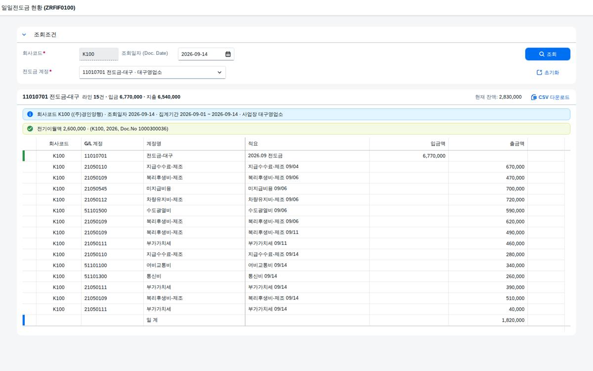 전도금 사용내역과 잔액
