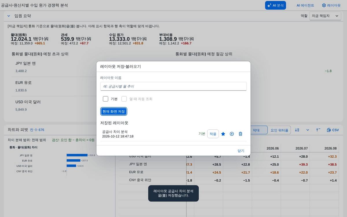 저장한 레이아웃 목록