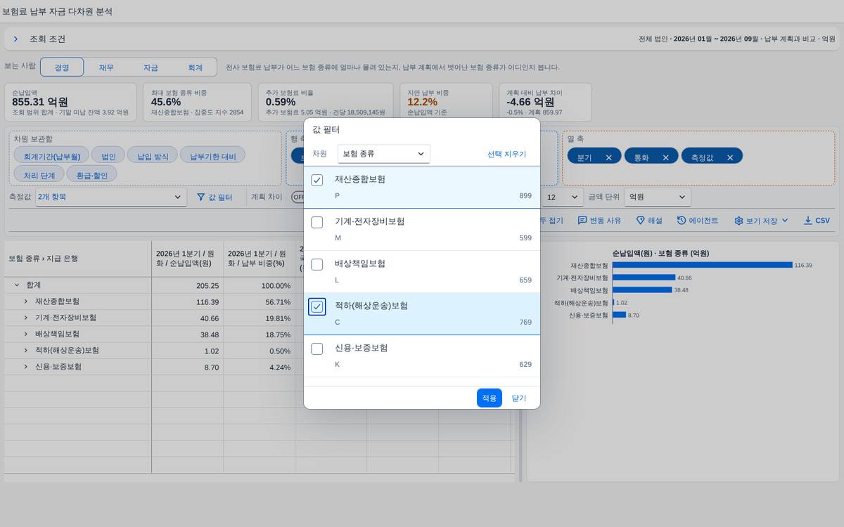 값 필터 — 차원 값을 여러 개 고르기