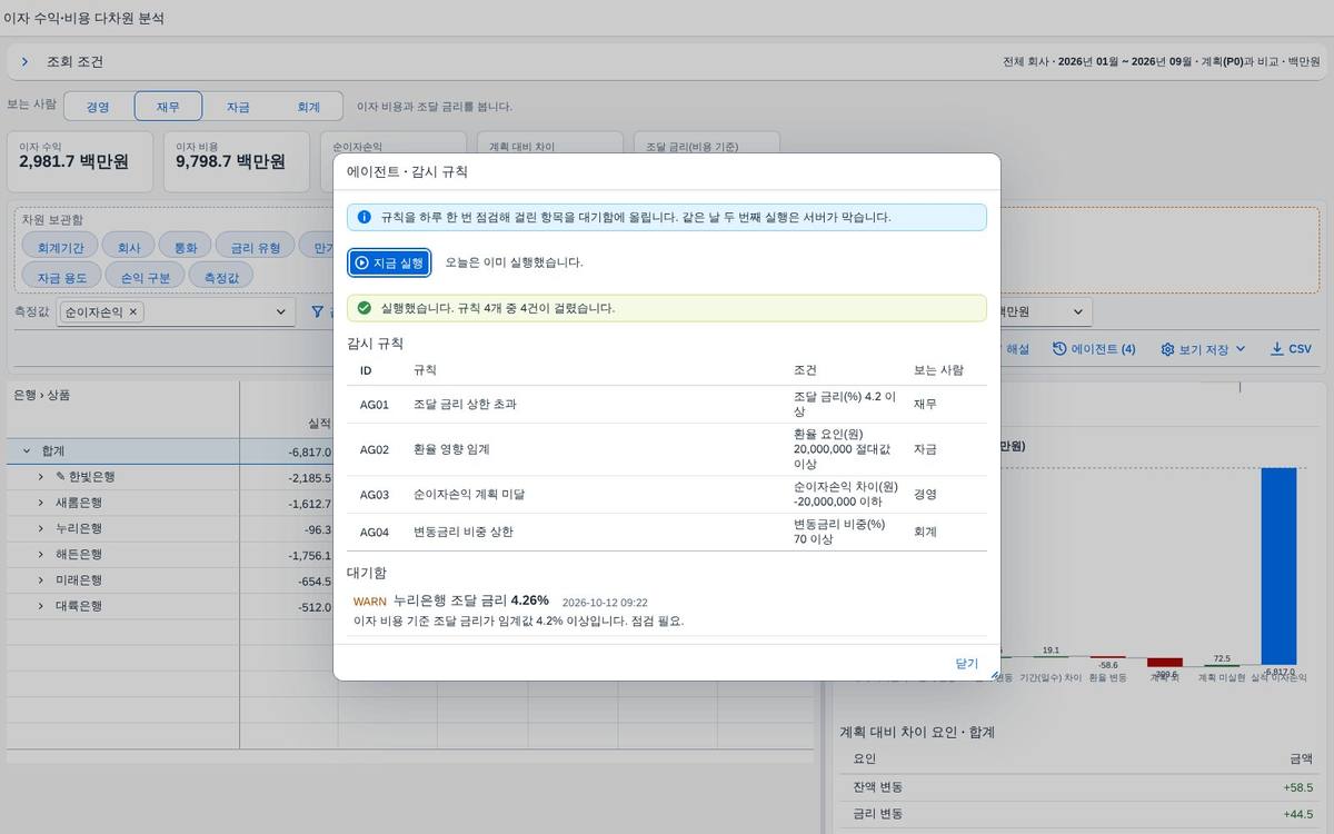 실행 후 — 대기함과 활동 기록