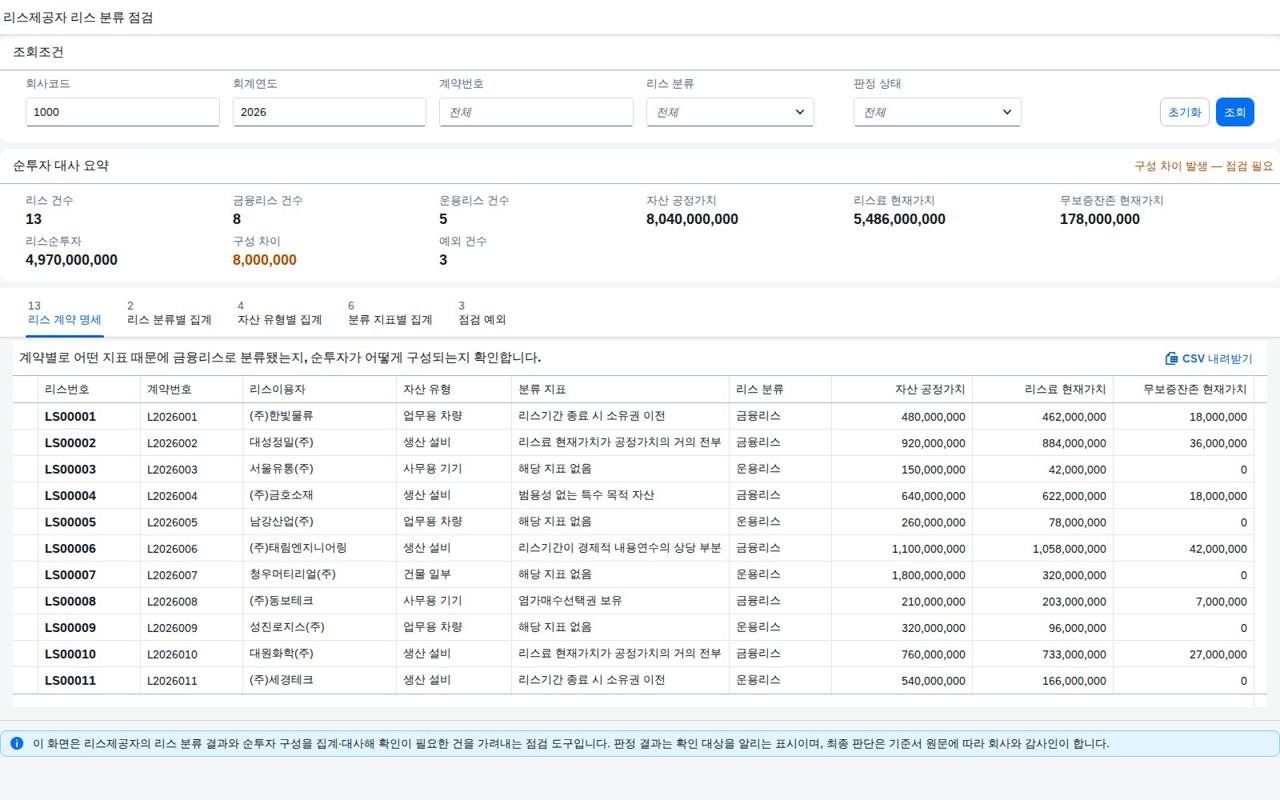 리스제공자 리스 분류 점검 메인화면 — 조회조건과 순투자 대사 요약, 리스 계약 명세