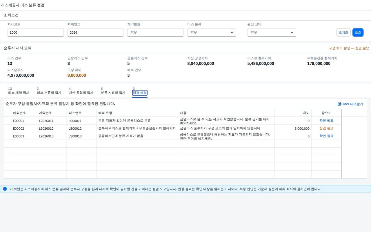 순투자 구성 불일치·지표와 분류 불일치 건을 모은 목록