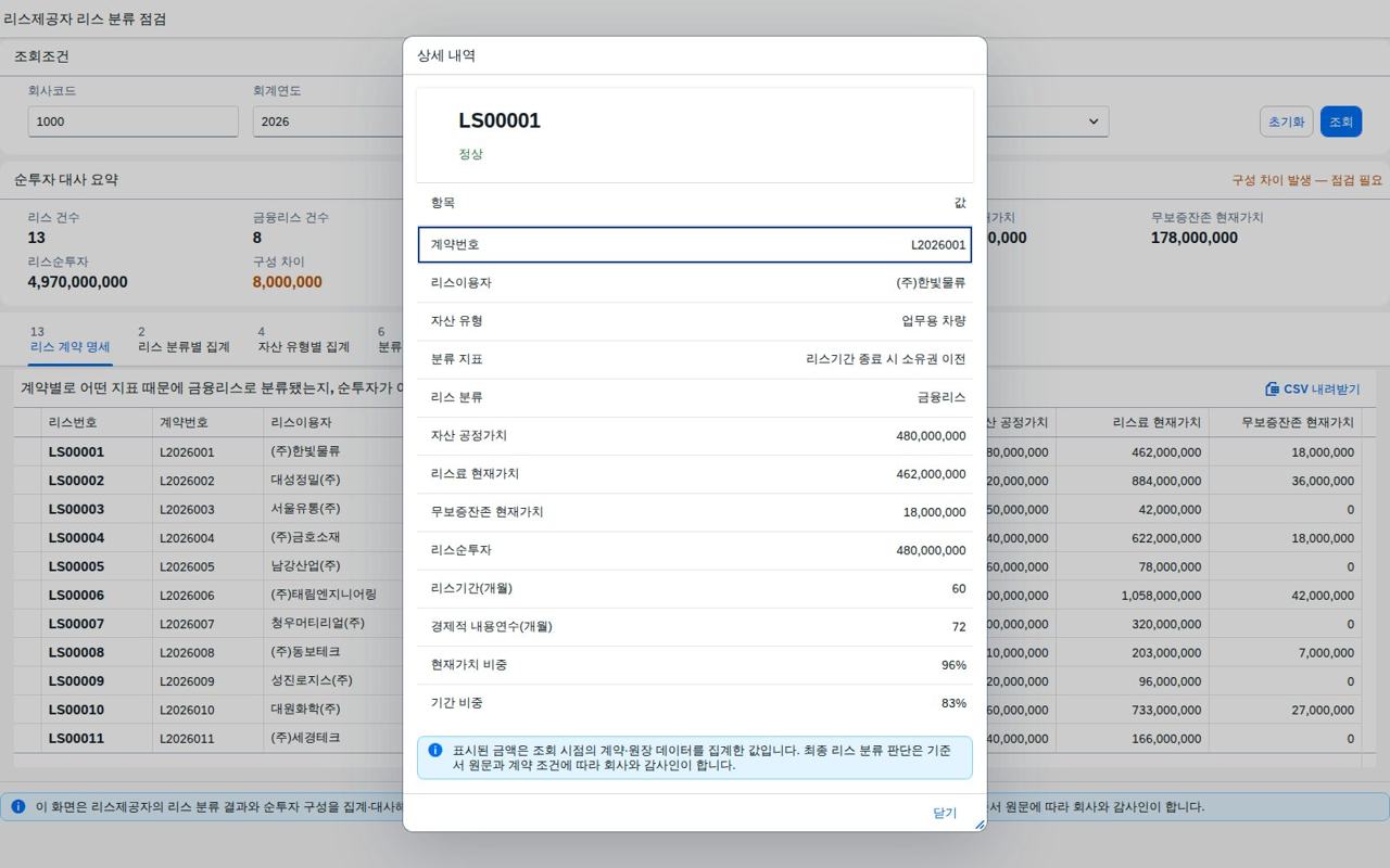 리스 행을 클릭하면 뜨는 공정가치·현재가치·순투자·기간 비중 상세 다이얼로그