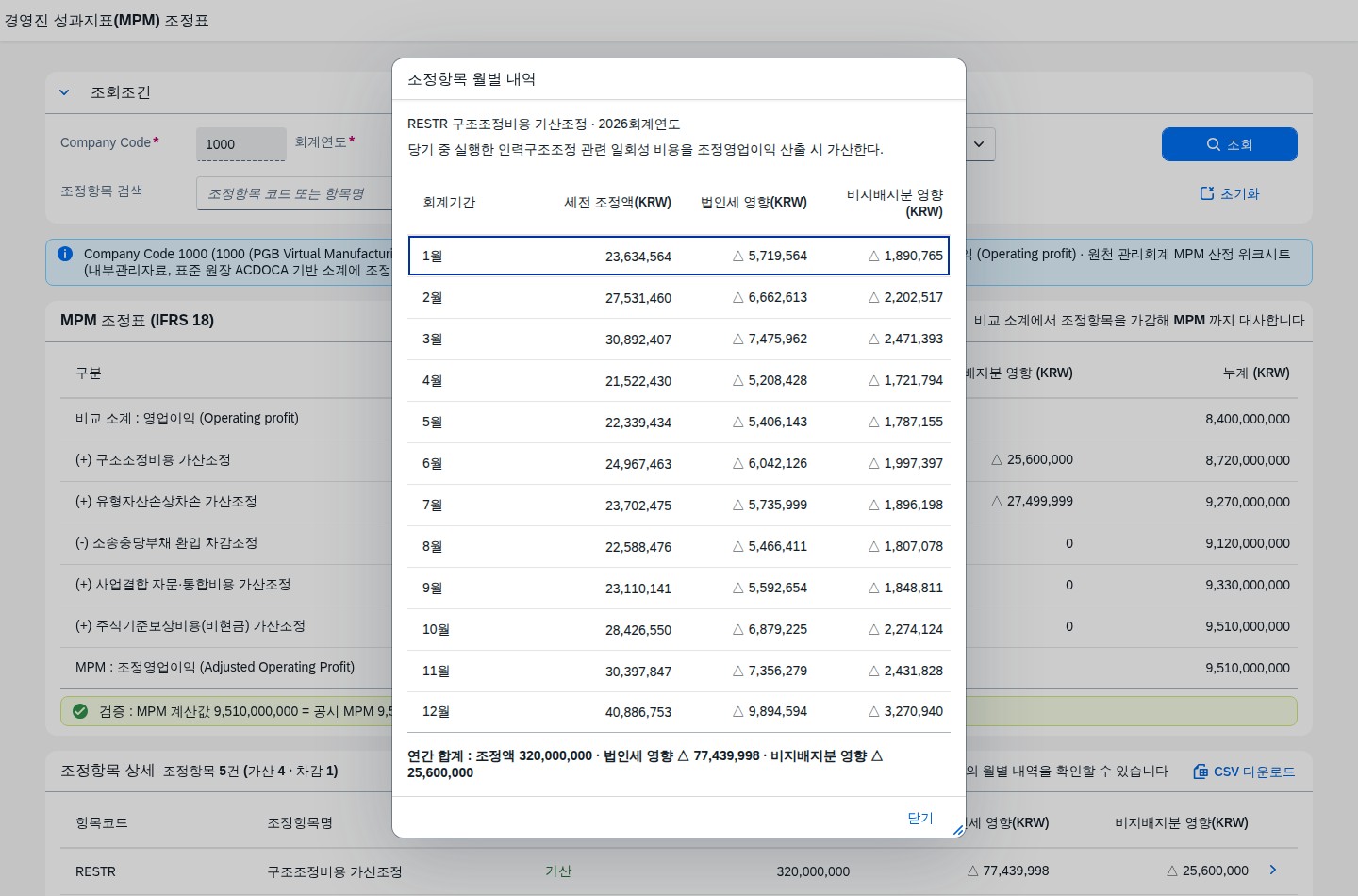 조정항목 월별 내역 다이얼로그