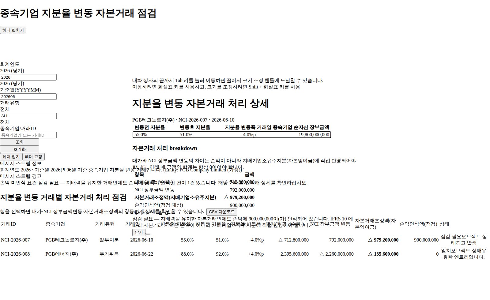 자본거래 처리 breakdown 상세 다이얼로그 — 손익인식 위반 판정