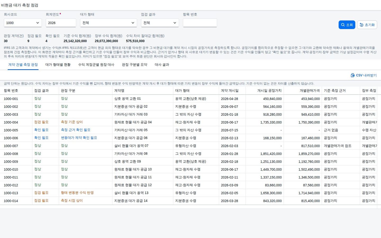 조회조건과 계약 건별 측정 판정