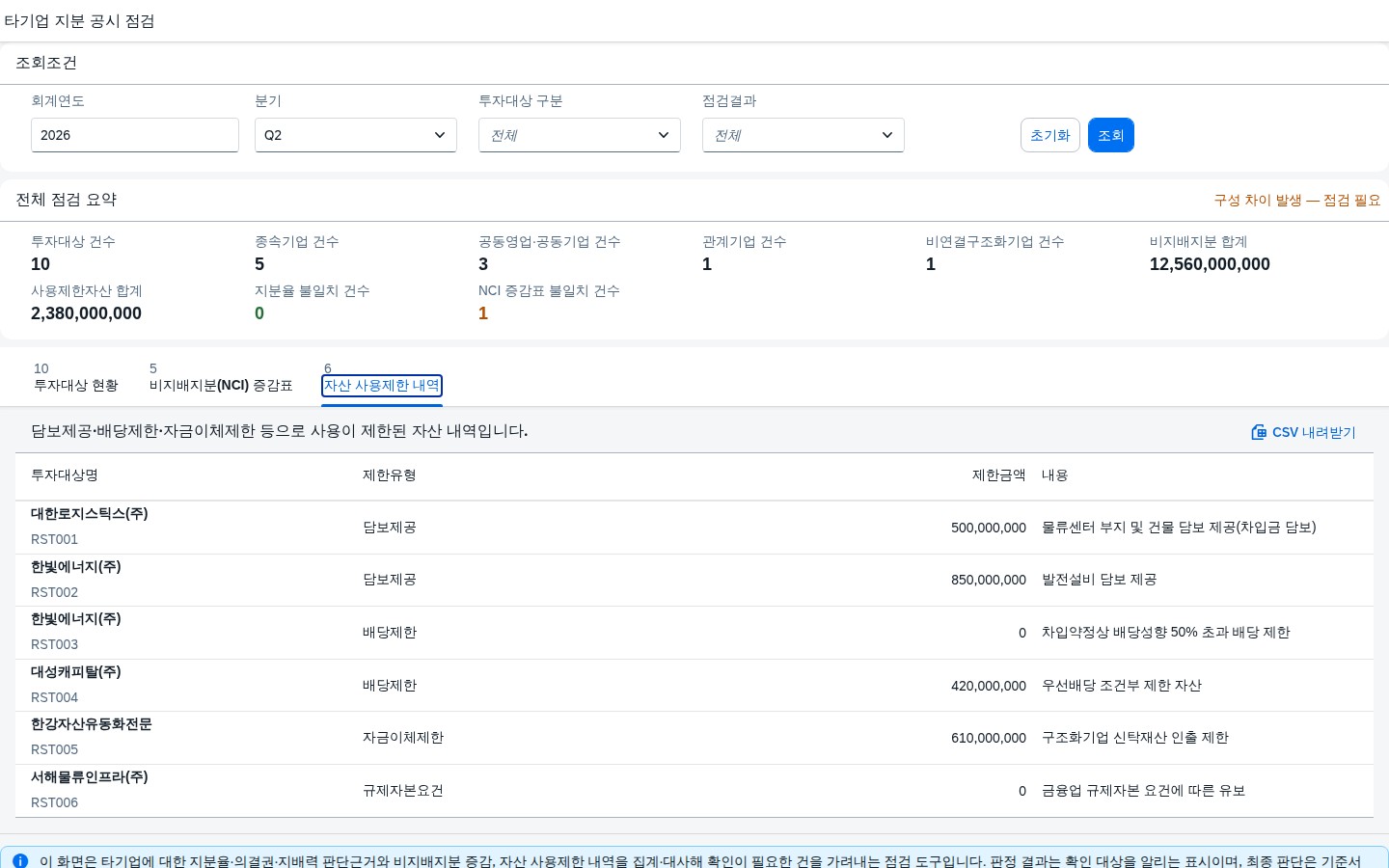 자산 사용제한 내역 탭 화면