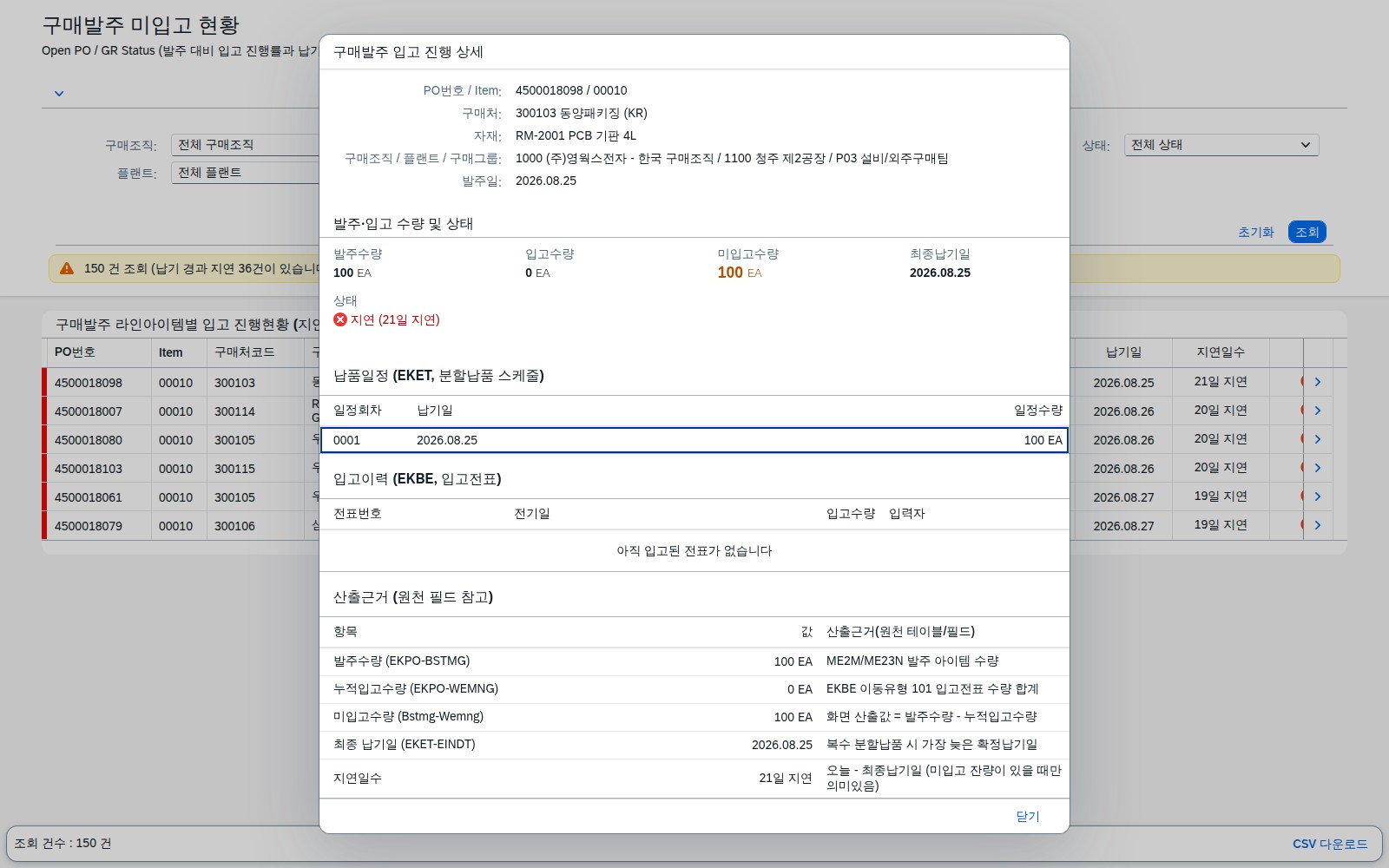 라인아이템 상세 다이얼로그 — 납품일정·입고이력·산출근거