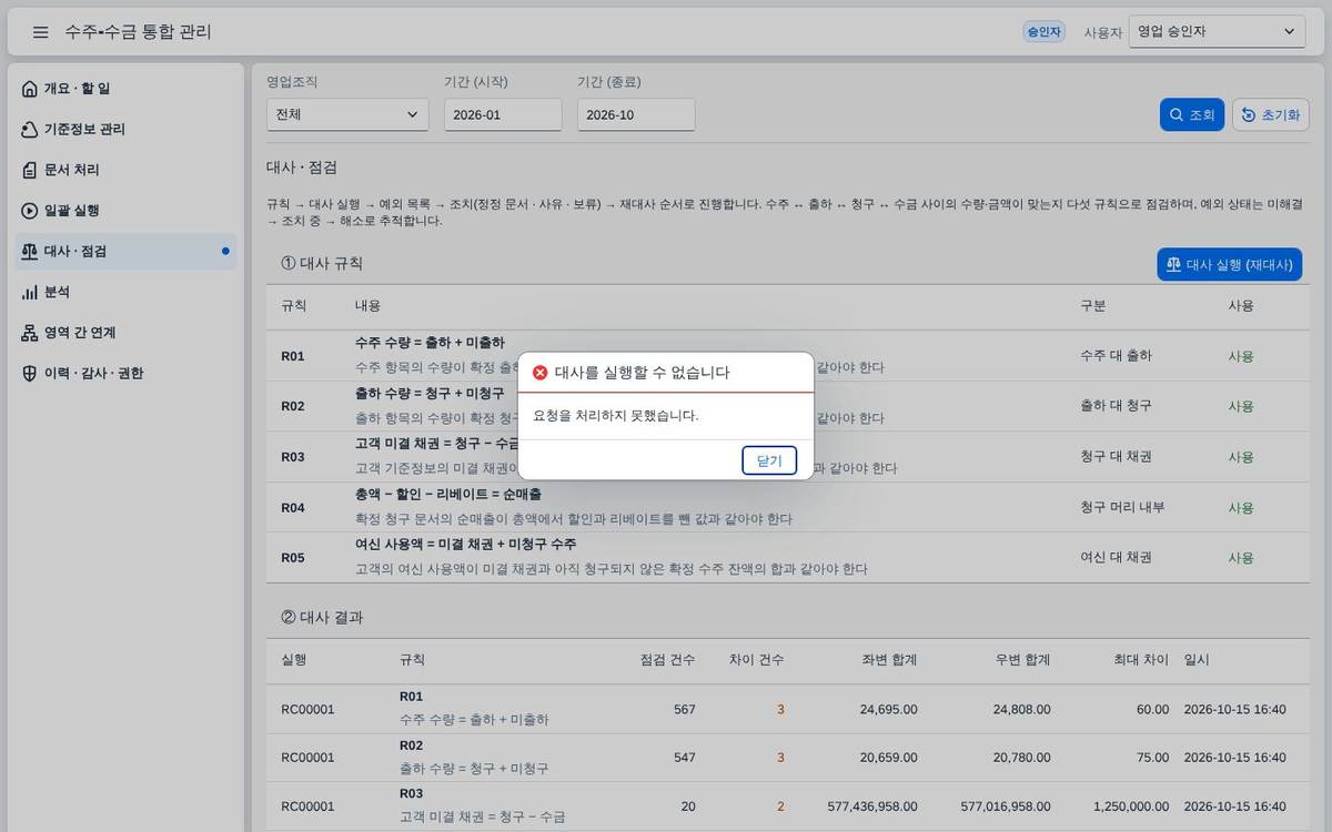 재대사 후 재대사 후 — 조치한 뒤 다시 대사하면 해당 규칙의 차이 건수가 줄어듭니다.