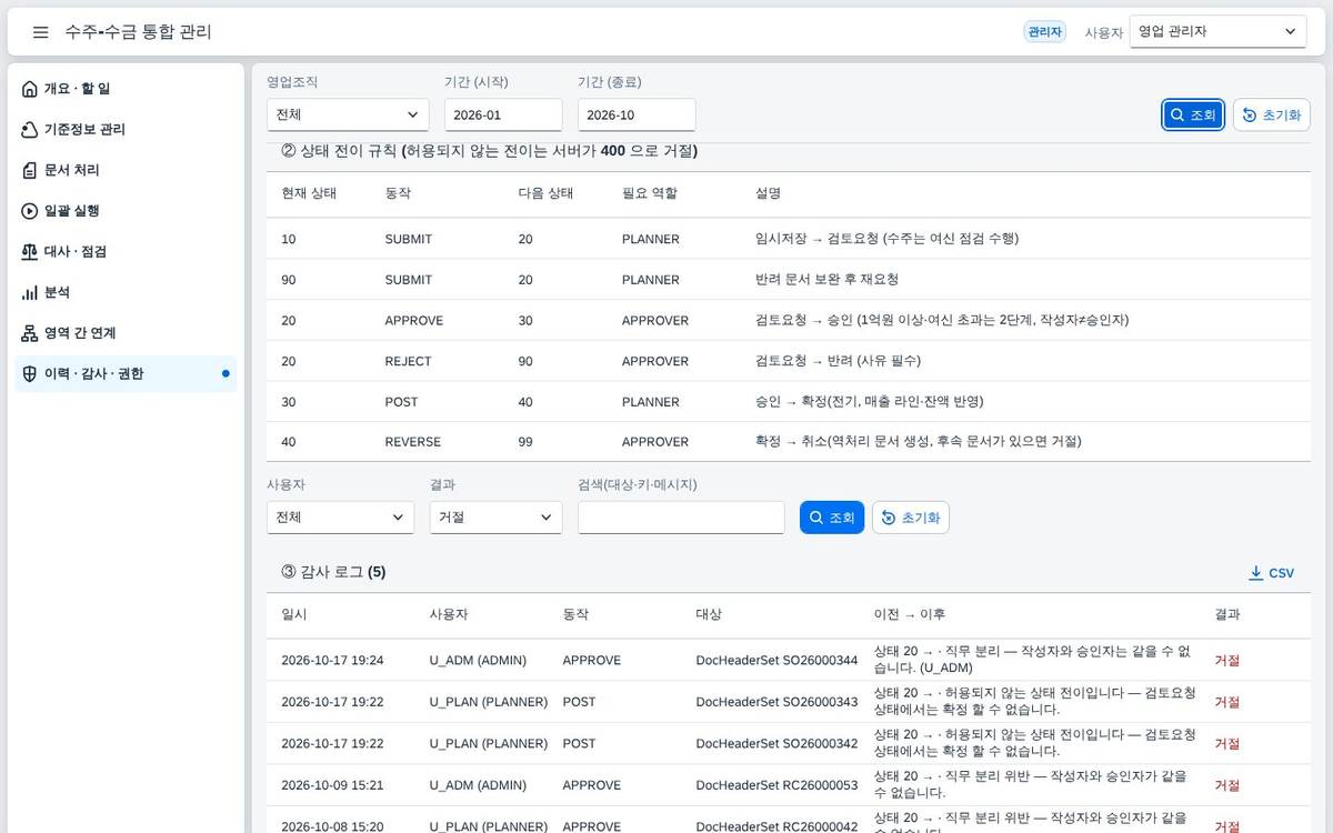 거절된 요청 이력 거절된 요청 이력 — 권한 없음과 직무 분리로 거절된 요청도 감사 로그에 남습니다.