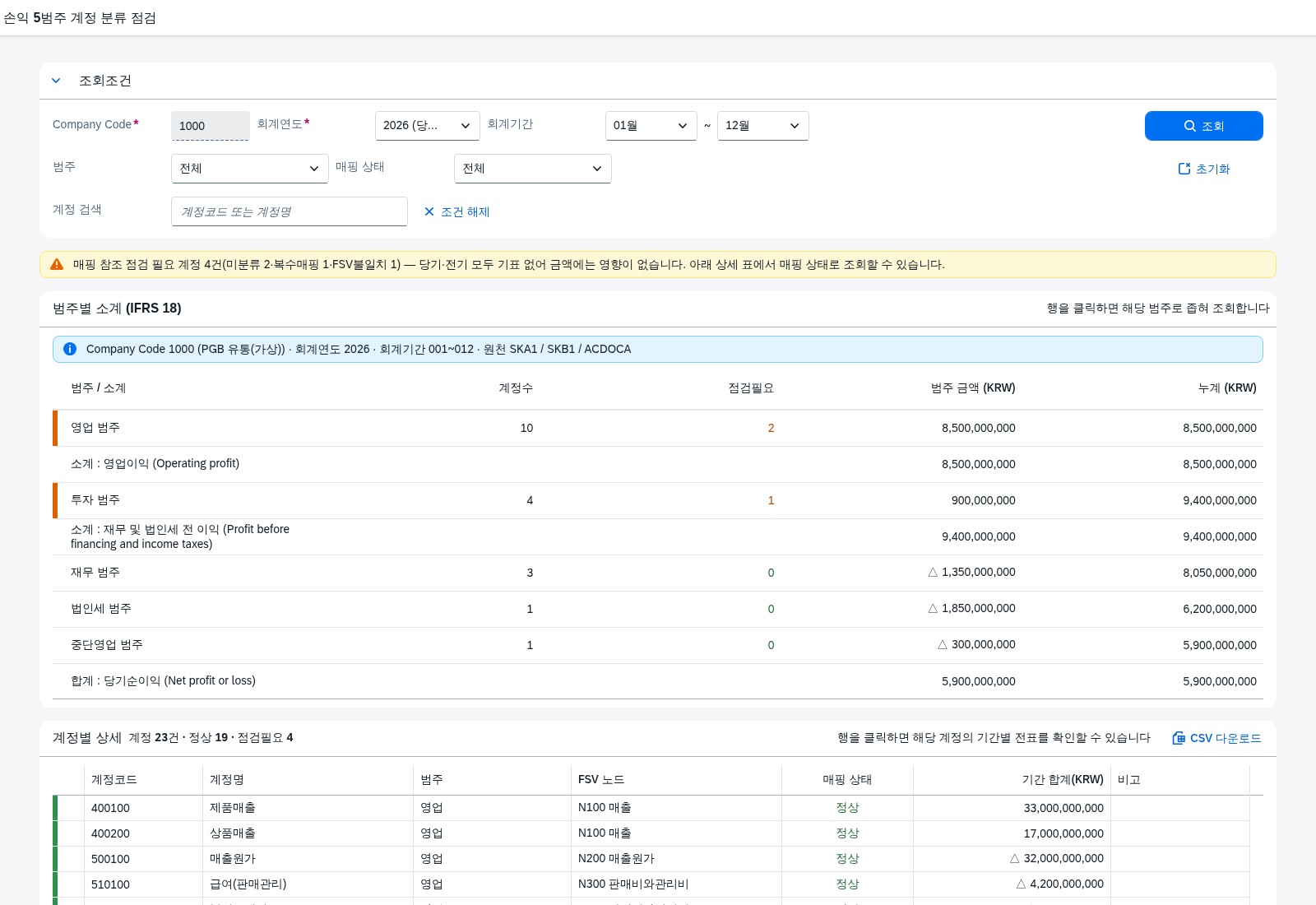 SAP 손익 5범주 계정 분류 점검 — IFRS 18, 지금 원장으로 먼저 확인한다 화면