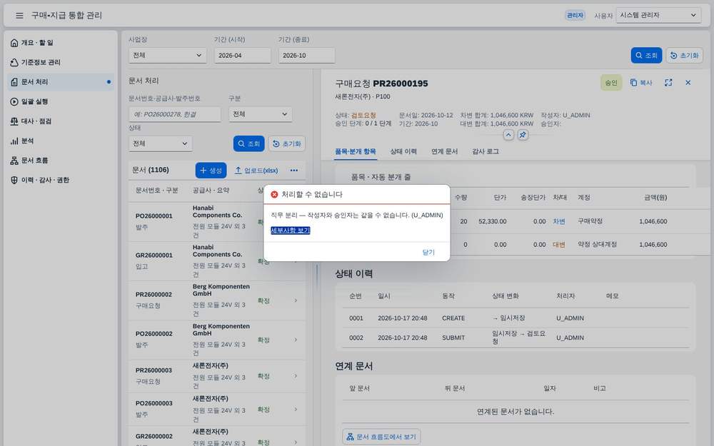 직무 분리 — 작성자가 승인하면 거절