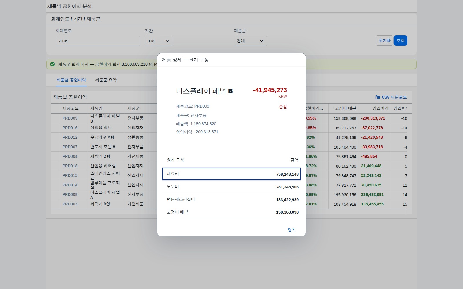 제품 상세 다이얼로그 — 원가 구성 내역