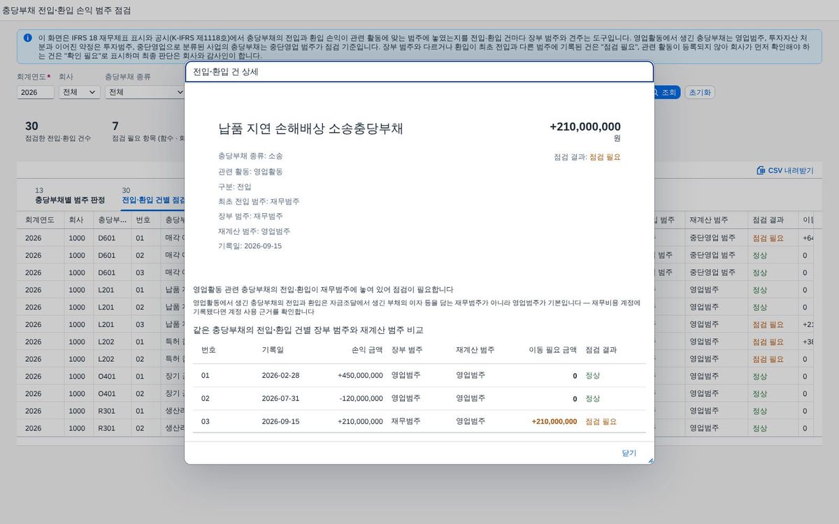 행을 눌러 본 상세 — 점검 근거와 같은 충당부채의 건별 비교