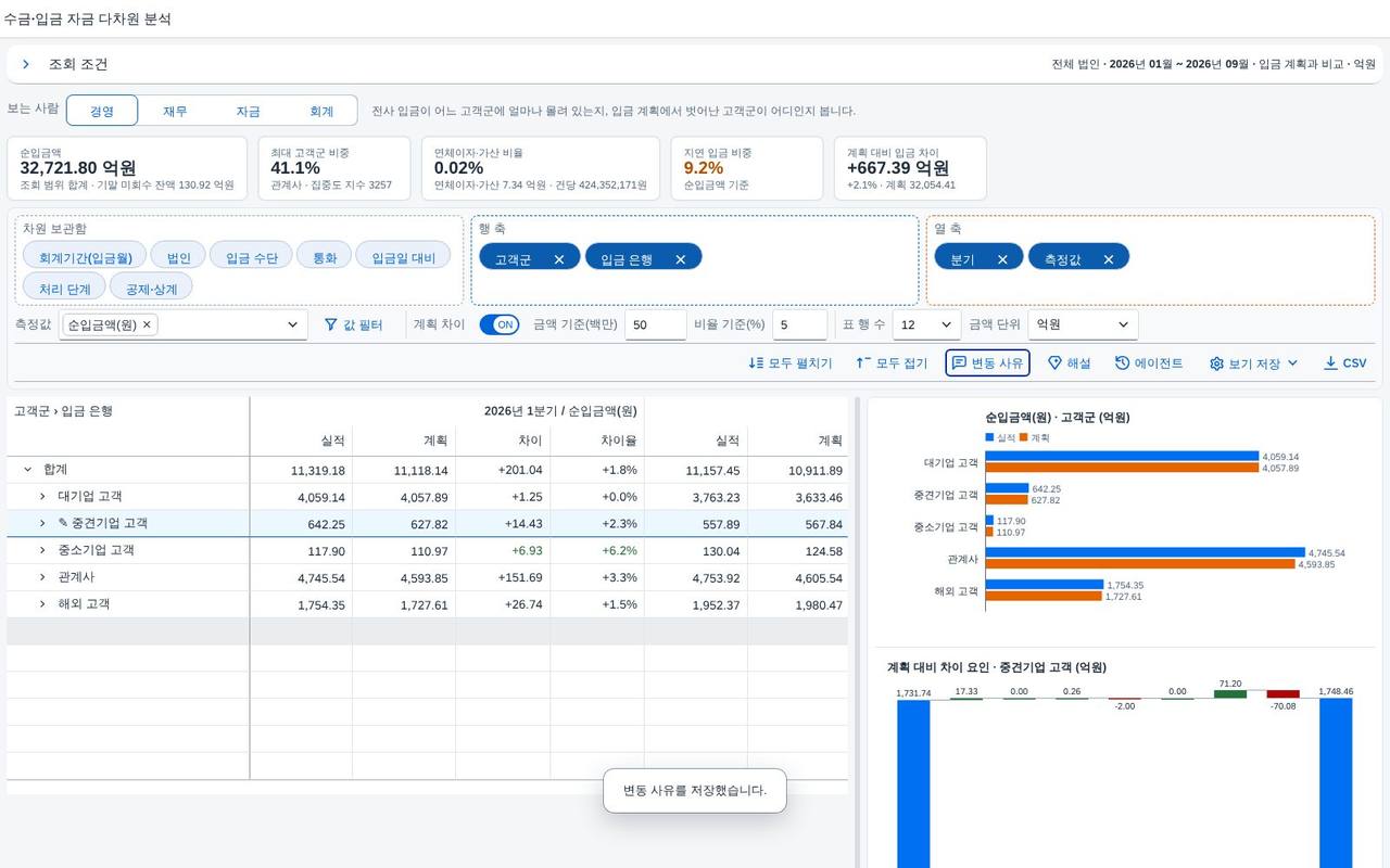 입금 계획 대비 차이 — 변동 사유 저장