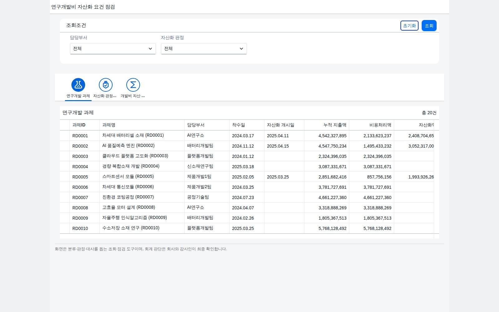연구개발 과제 목록과 조회조건 화면