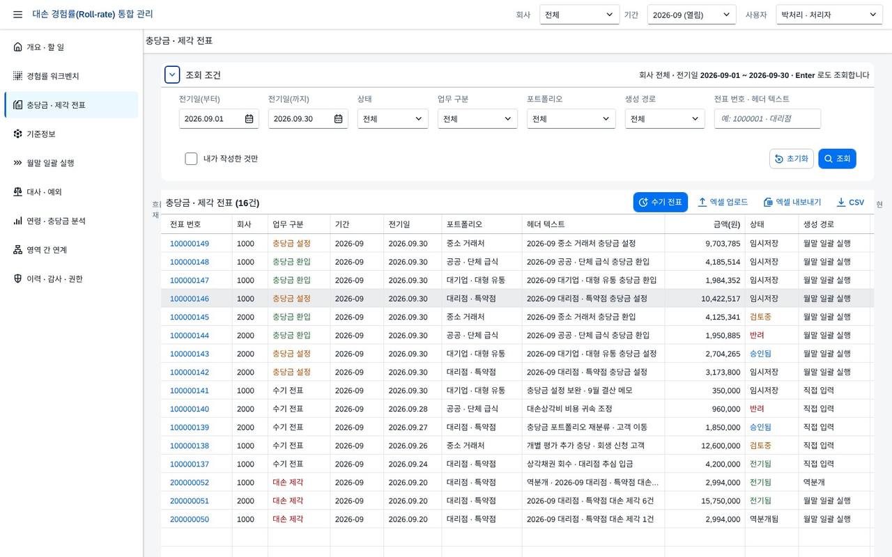 충당금 · 제각 전표 목록 충당금 · 제각 전표 목록
