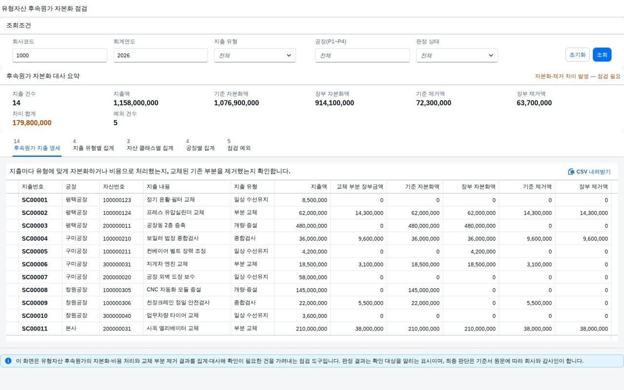 후속원가 지출 명세 화면 — 조회조건과 대사 요약